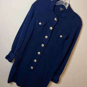 WORTH Navy Blue Wool Sweater Dress with Gold Buttons - Size Small